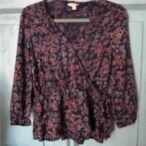 Lucky Brand Navy and Orange Floral Blouse